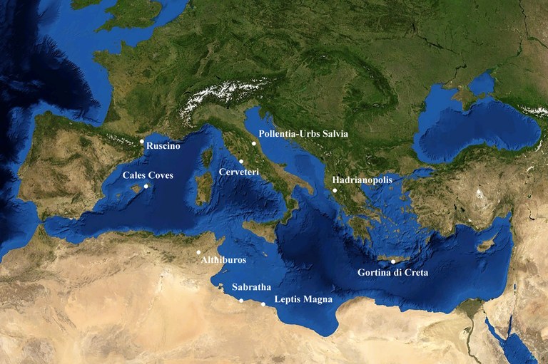 cartina del Mediterraneo con la localizzazione dei siti nei quali sono attive le missioni del Dipartimento di Studi Umanistici dell'Università di Macerata